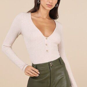 NEW!! Lulus Wintery Aesthetic Heather Blush Ribbed Long Sleeve Henley Top Pink